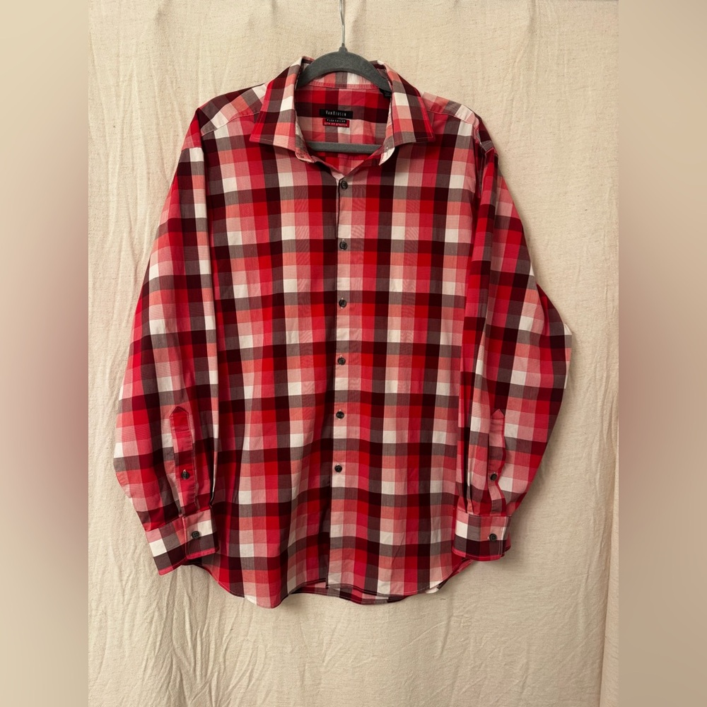 Van Heusen Red Plaid Flex Collar Slim Fit Stretch Shirt 17.5 32/33